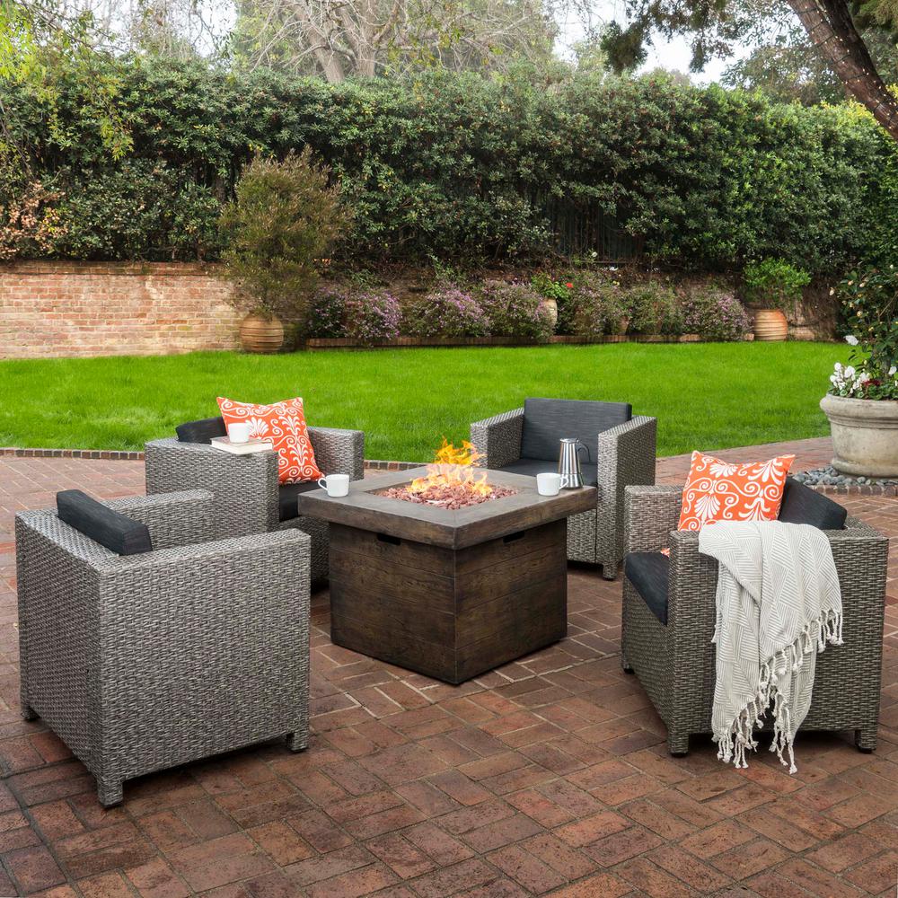 Noble House Puerta Mixed Black 5 Piece Wicker Patio Fire Pit
