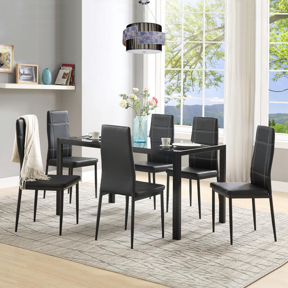 Harper Bright Designs 7 Piece Black Dining Set Glass Top Metal Table 6 Person Chairs SK000017AAB The Home Depot