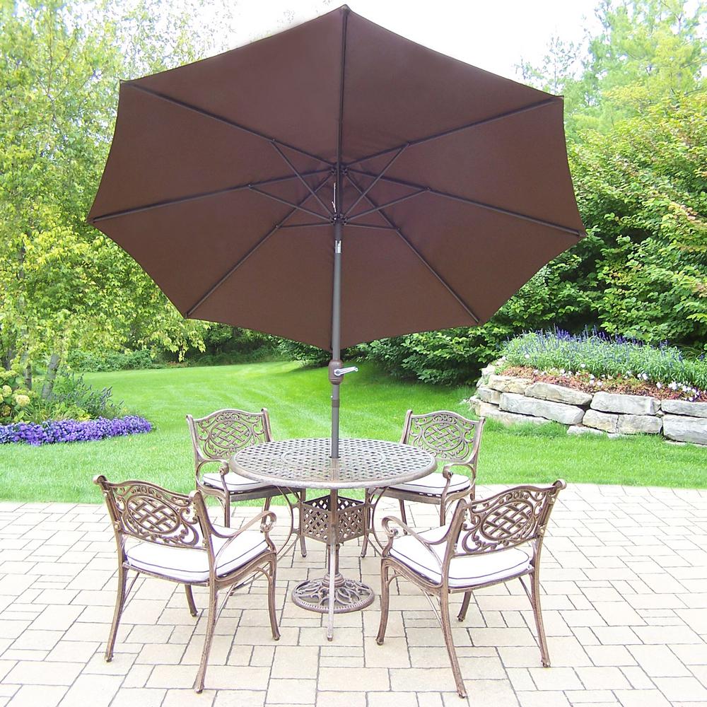 7 Piece Aluminum Outdoor Dining Set With Oatmeal Cushions And Brown 7 Piece Aluminum Outdoor Dining Set With Oatmeal Cushions And Brown Umbrella
