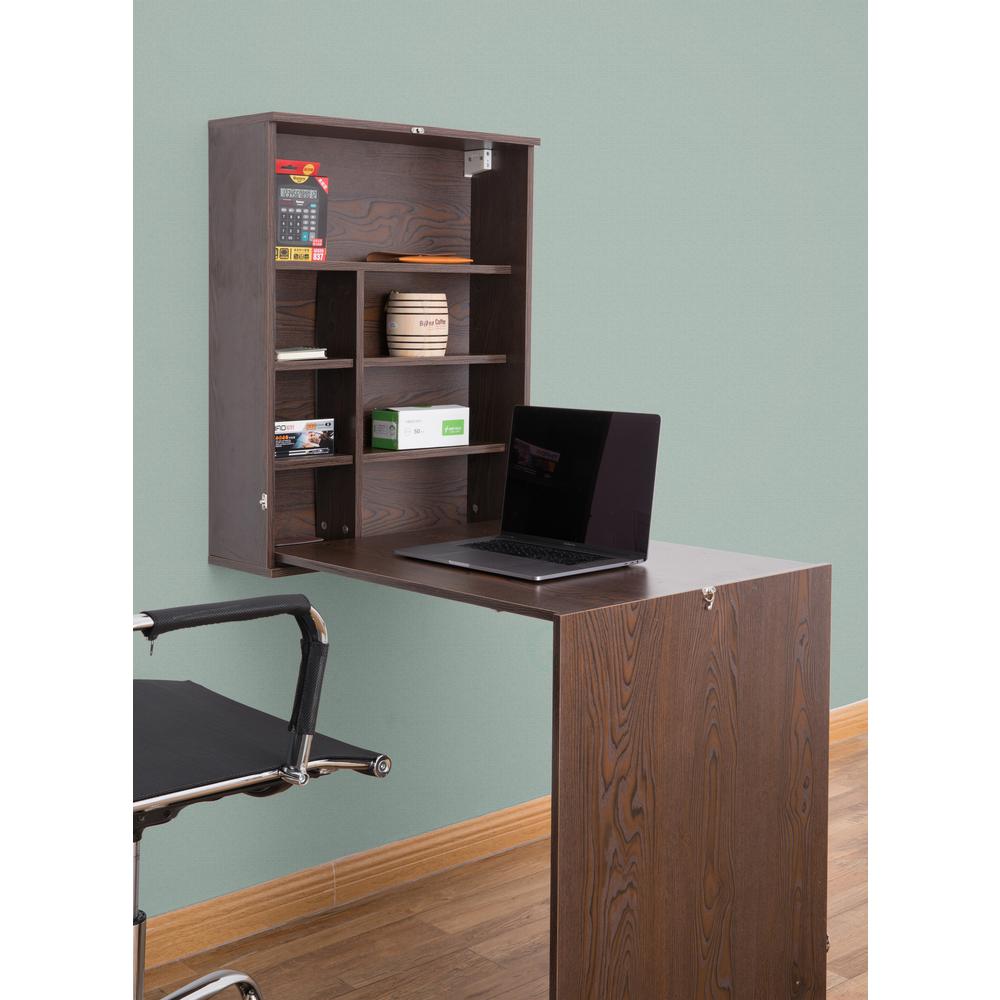 Basicwise Brown Wall Mount Laptop Fold Out Desk With Shelves