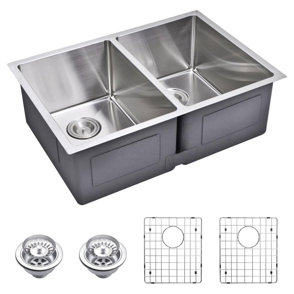 Water Creation Undermount Small 27 In 0 Hole Double Bowl Kitchen Sink With Strainer And Grid In Premium Scratch Resistant Satin Finish
