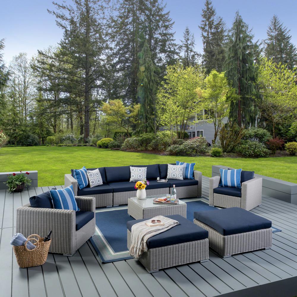 Noble House Santa Rosa Chalk Gray 9 Piece Wicker Patio Conversation Set With Navy Blue Cushions