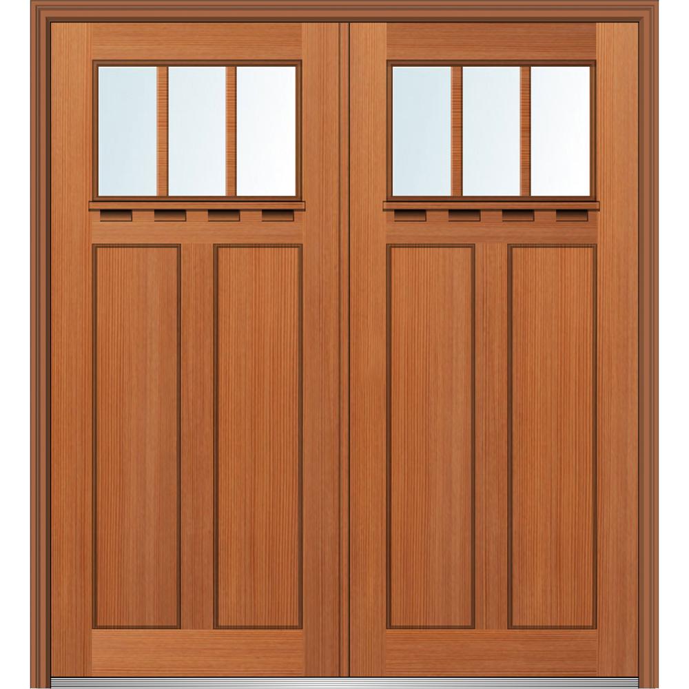 72 in. x 80 in. Shaker Right-Hand Inswing 3-Lite Clear Low-E Stained Fiberglass Fir Prehung Front Door with Shelf 72 in. x 80 in. Shaker Right-Hand Inswing 3-Lite Clear Low-E Stained Fiberglass Fir Prehung Front Door with Shelf