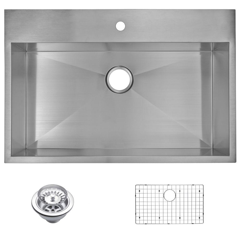 Water Creation Drop In Zero Radius Stainless Steel 33 In 1 Hole Single Bowl Kitchen Sink With Strainer And Grid In Satin
