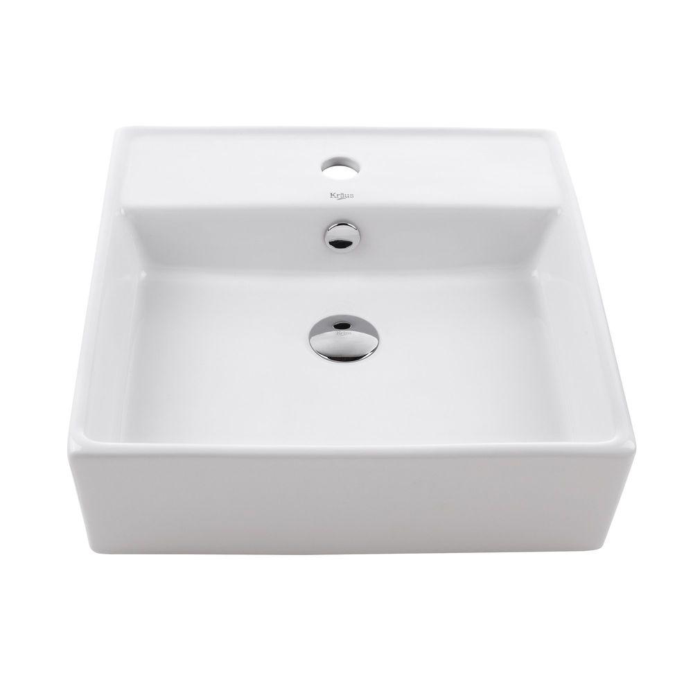 Kraus Square Ceramic Vessel Bathroom Sink With Overflow In White And Pop Up Drain In Chrome Kcv 150 Ch The Home Depot