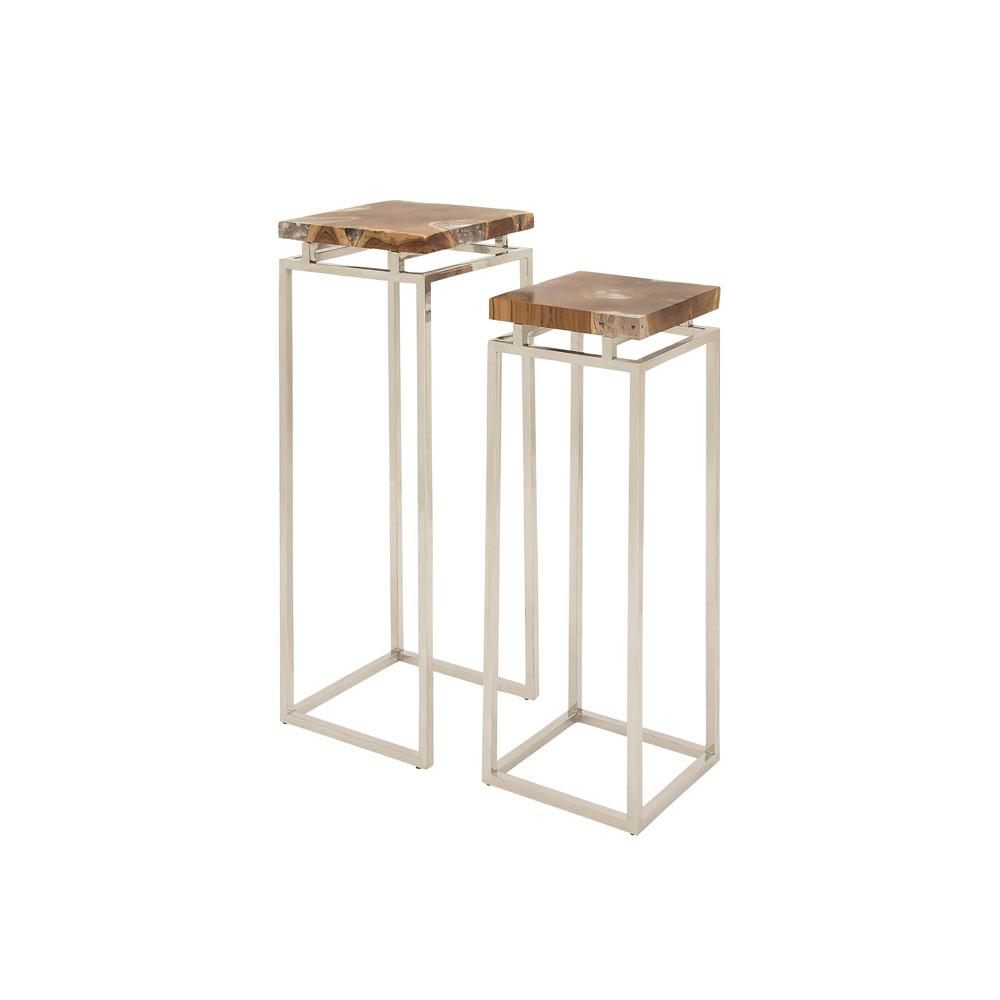 Litton Lane Brown Teak Wood Nesting Pedestal Tables With Silver Legs Litton Lane Brown Teak Wood Nesting Pedestal Tables With Silver Legs Set Of 2