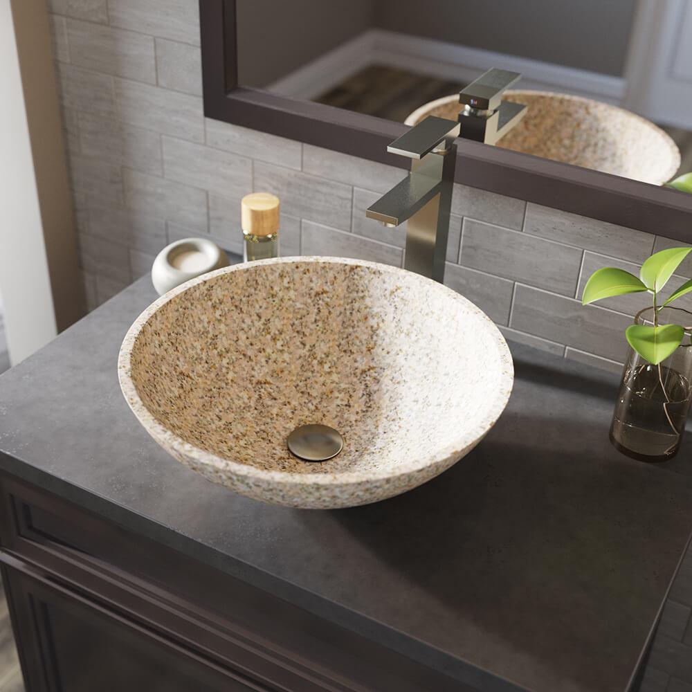 Mr Direct Stone Vessel Sink In Honed Basalt Tan Granite With 721 Faucet And Pop Up Drain In Brushed Nickel 850 T 721 Bn The Home Depot