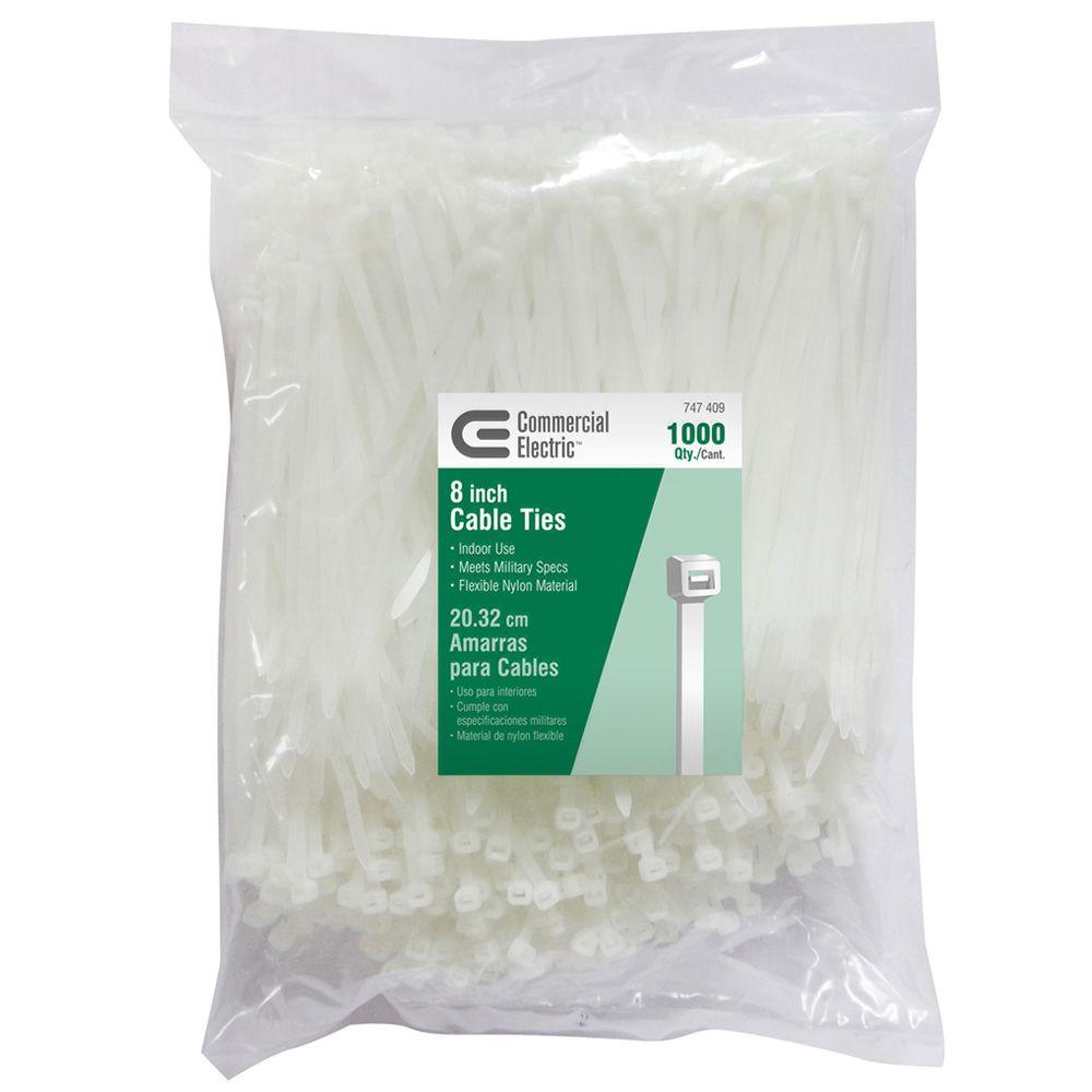 Commercial Electric 8in Standard 50lb Tensile Strength UL 21S Rated Cable Zip Ties 1000 Pack Natural (White)