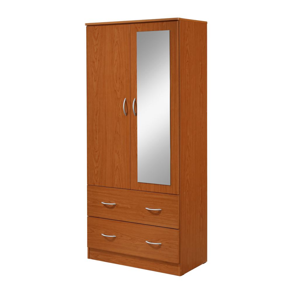 HODEDAH 31.5 in. Wide 2Door Mirror and Clothing Rod in Cherry Armoire