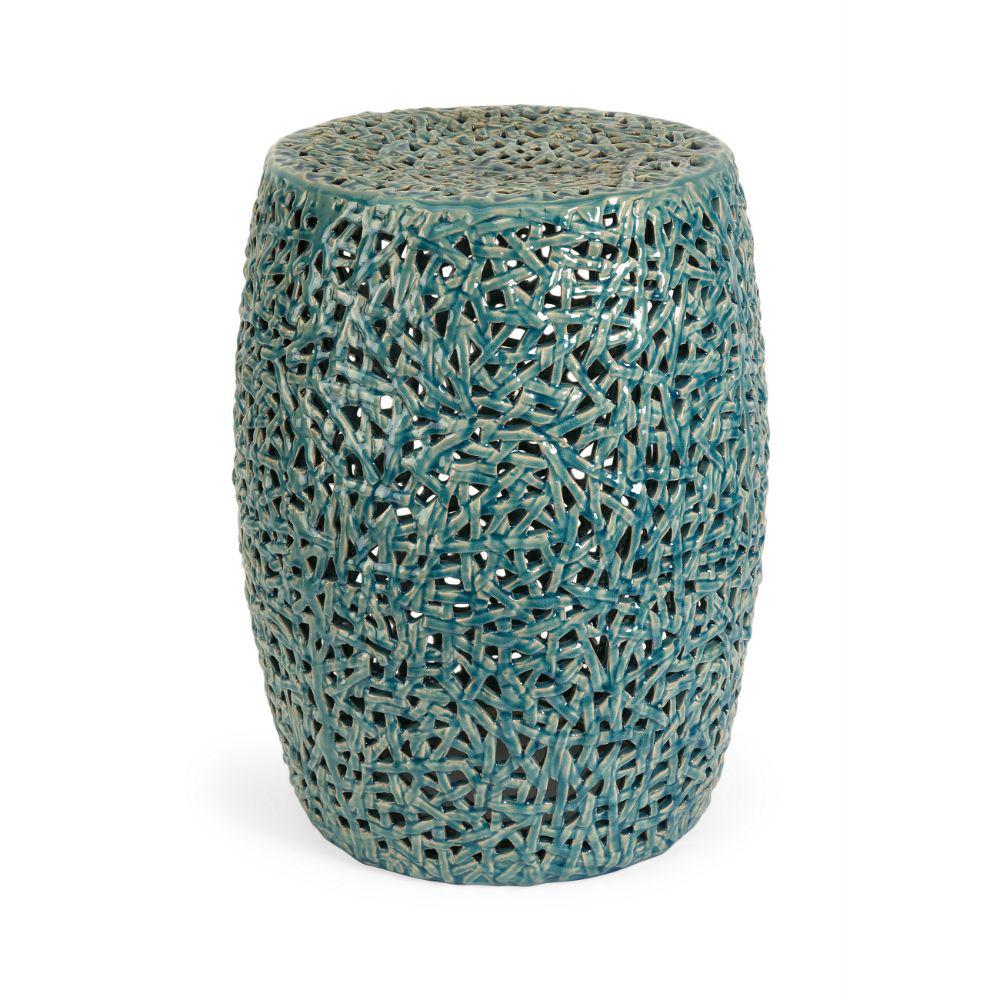 Benjara Whimsical Teal Ceramic Tobias Cutwork Outdoor Garden Stool