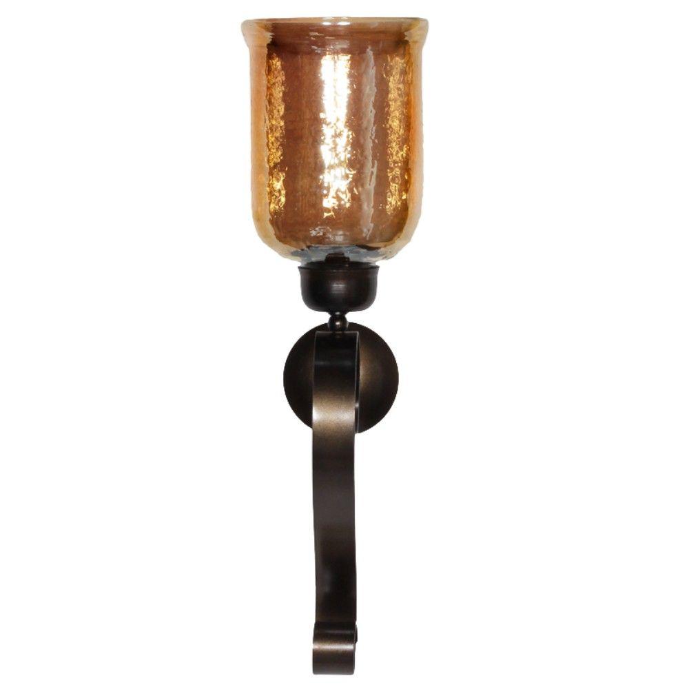 Benjara Gold Hammered Metal And Glass Wall Sconce Candle Holder