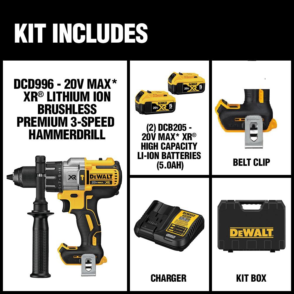 DEWALT 20V MAX XR Li-Ion Brushless 3-Speed 1//2 in Hammer Drill Kit DCD996P2 new