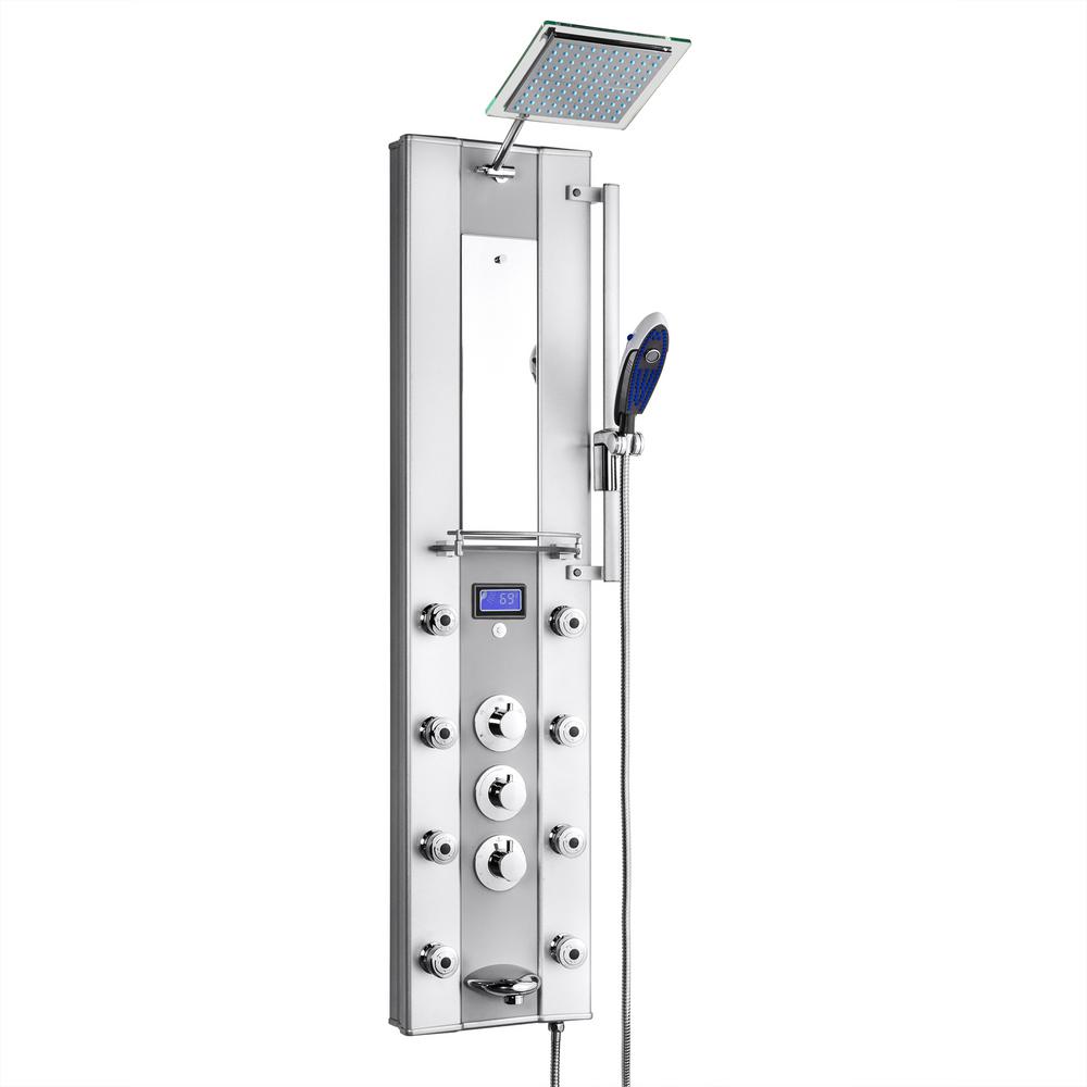 Akdy 51 In 8 Jet Aluminum Shower Panel System With Rainfall Head Handshower Wand Led Display Tub Spout And Mirror Akdy 51 In 8 Jet Aluminum Shower Panel System With Rainfall Head Handshower Wand Led Display Tub Spout And Mirror