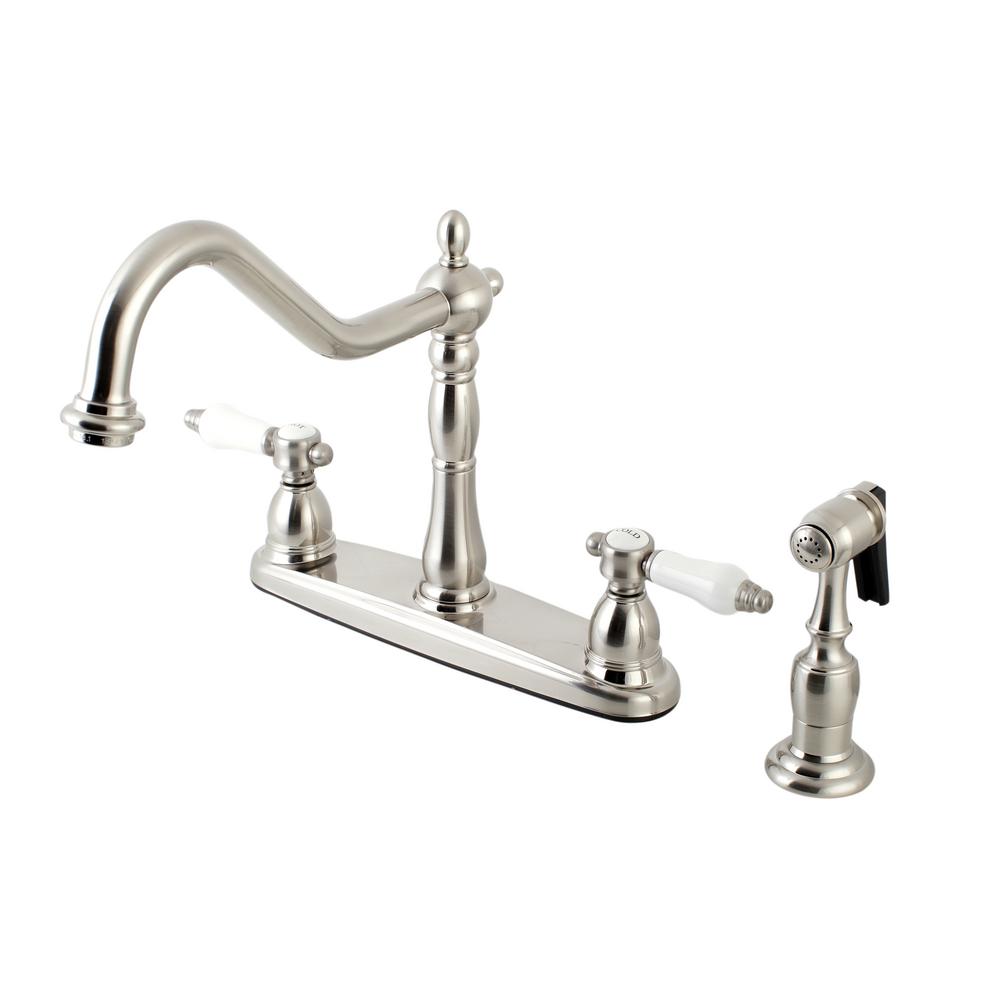 Kingston Brass Victorian English Porcelain 2 Handle Standard Kitchen Faucet With Side Sprayer In Brushed Nickel