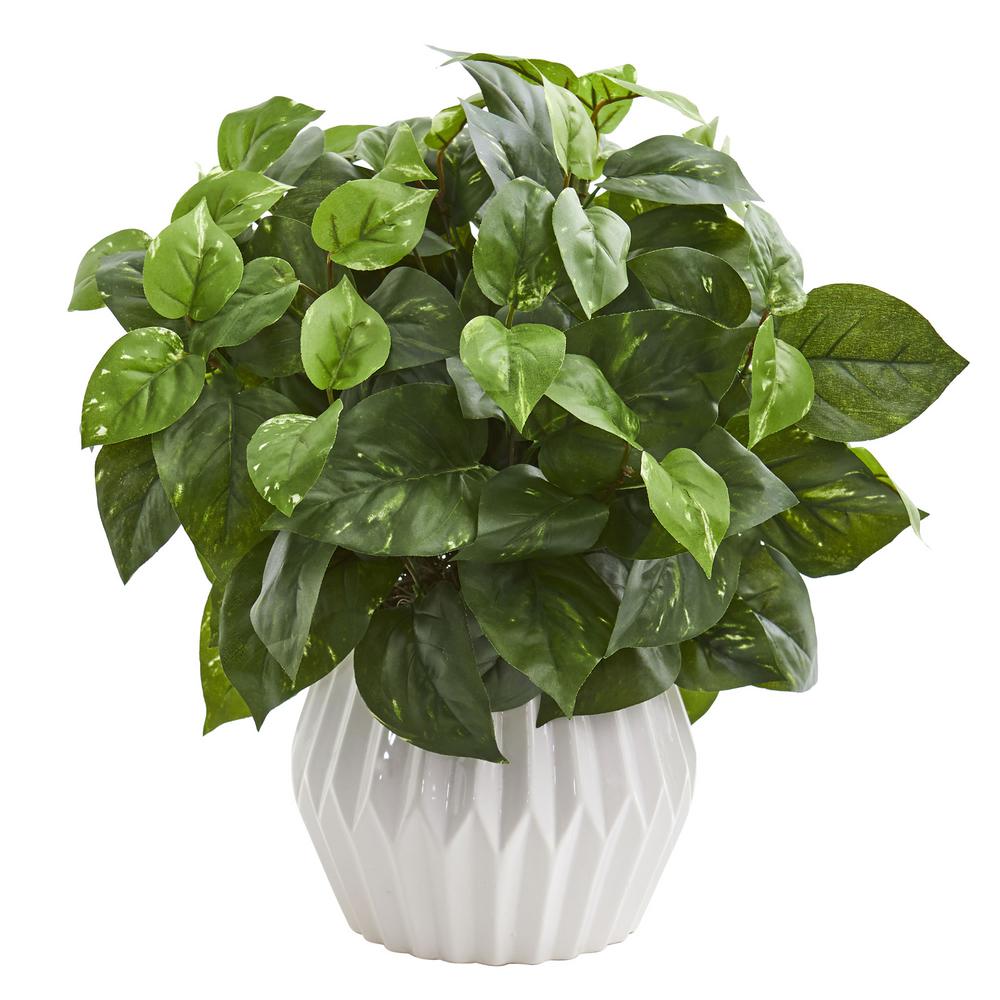 Nearly Natural 16 in. Indoor Pothos Artificial Plant in White Ceramic