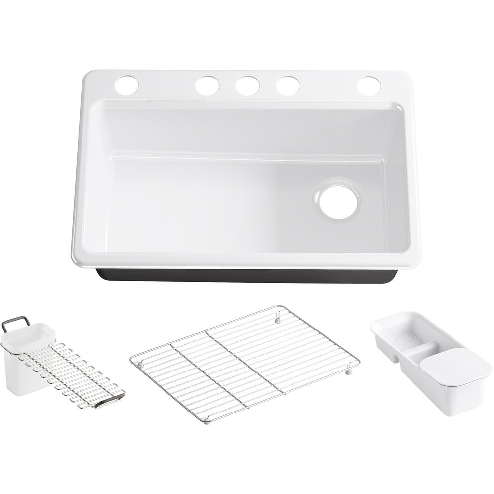 KOHLER Riverby Undermount Cast Iron 27 in. 5-Hole Single Bowl Kitchen Sink Kit in White-K-8668 ...