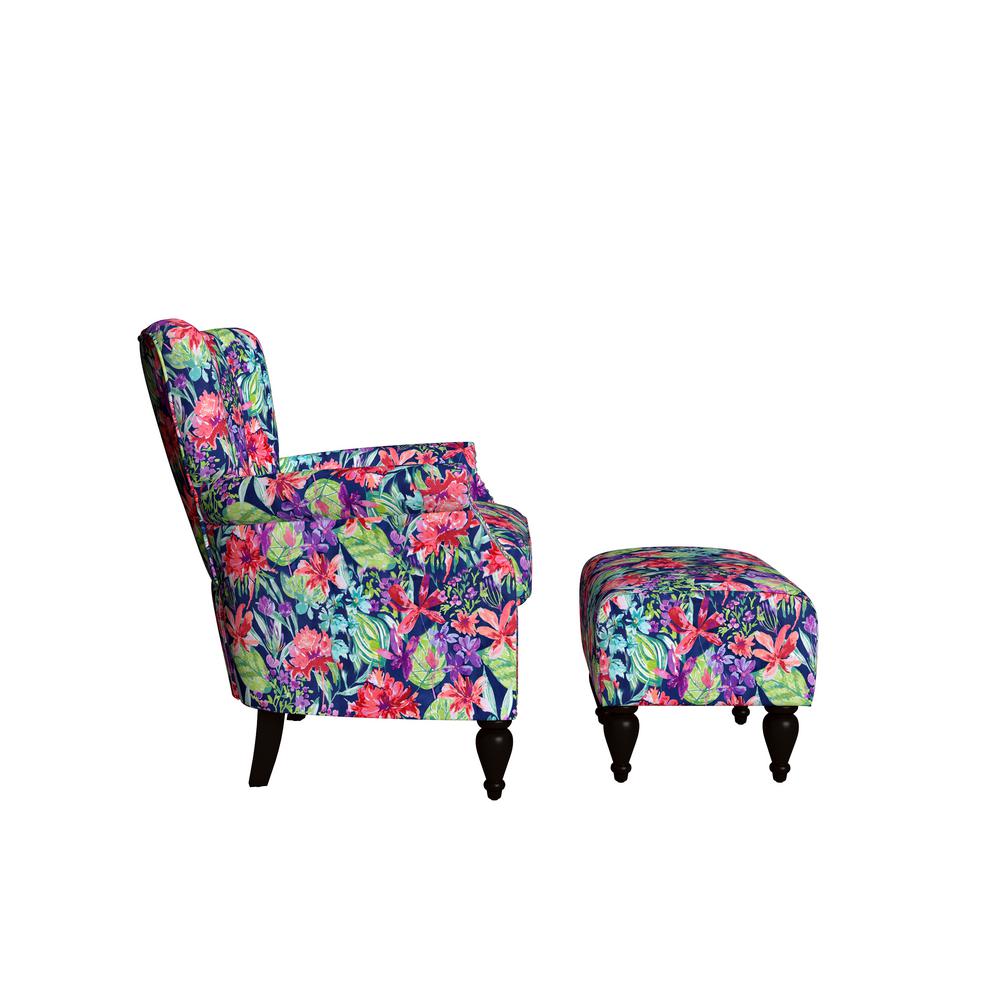 Handy Living Duncan Multi Navy Botanical Floral Velvet Channel Tufted Rolled Arm Chair And Ottoman Set A153164 The Home Depot