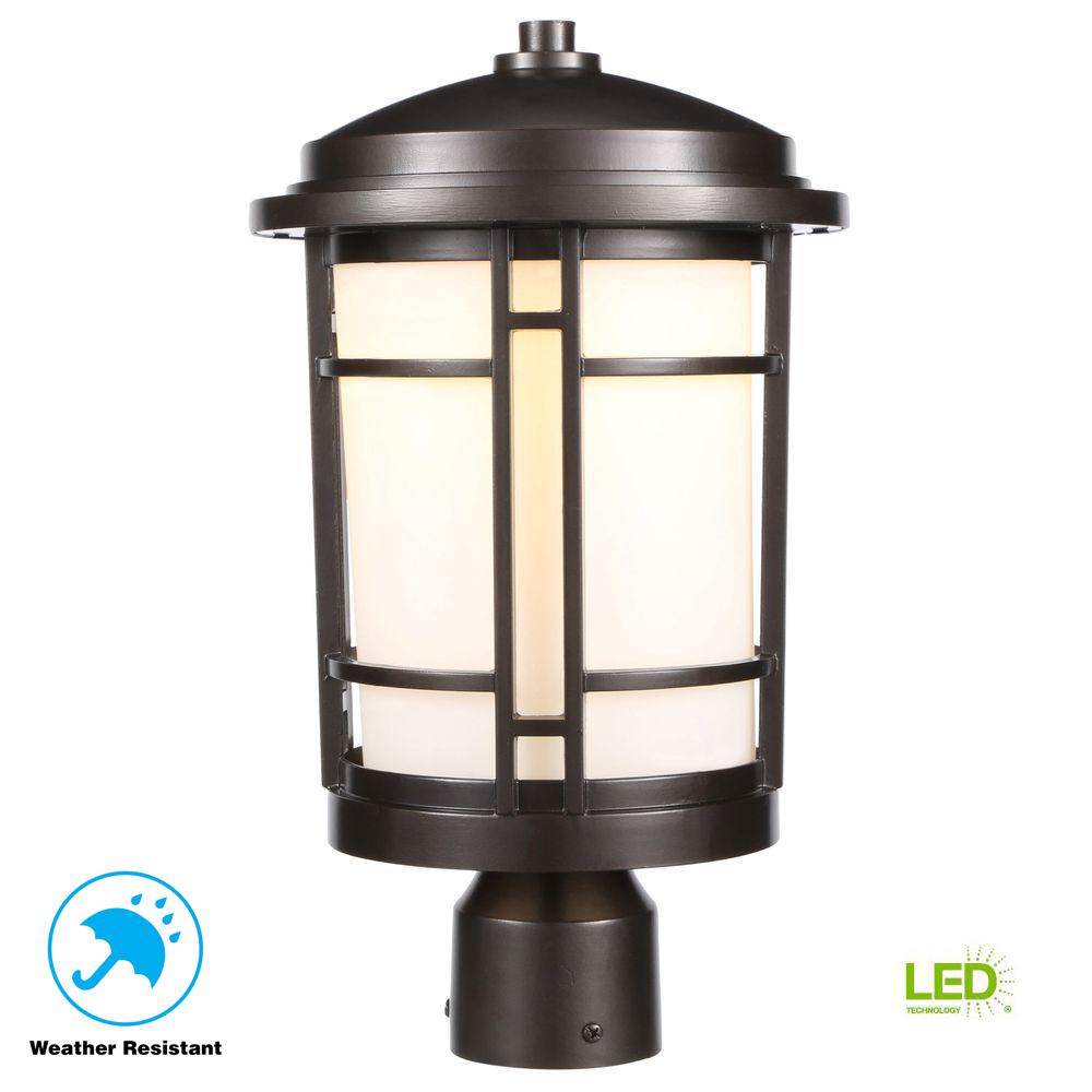World Imports Post Lighting Outdoor The Home Depot Burnished Bronze Outdoor Led Post Light With White Opal Gl