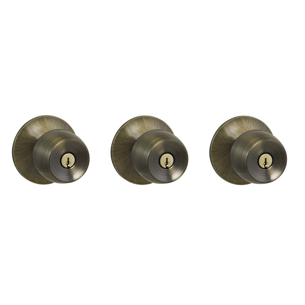 Defiant Brandywine Antique Brass Keyed Entry Door Knob 3 Pack