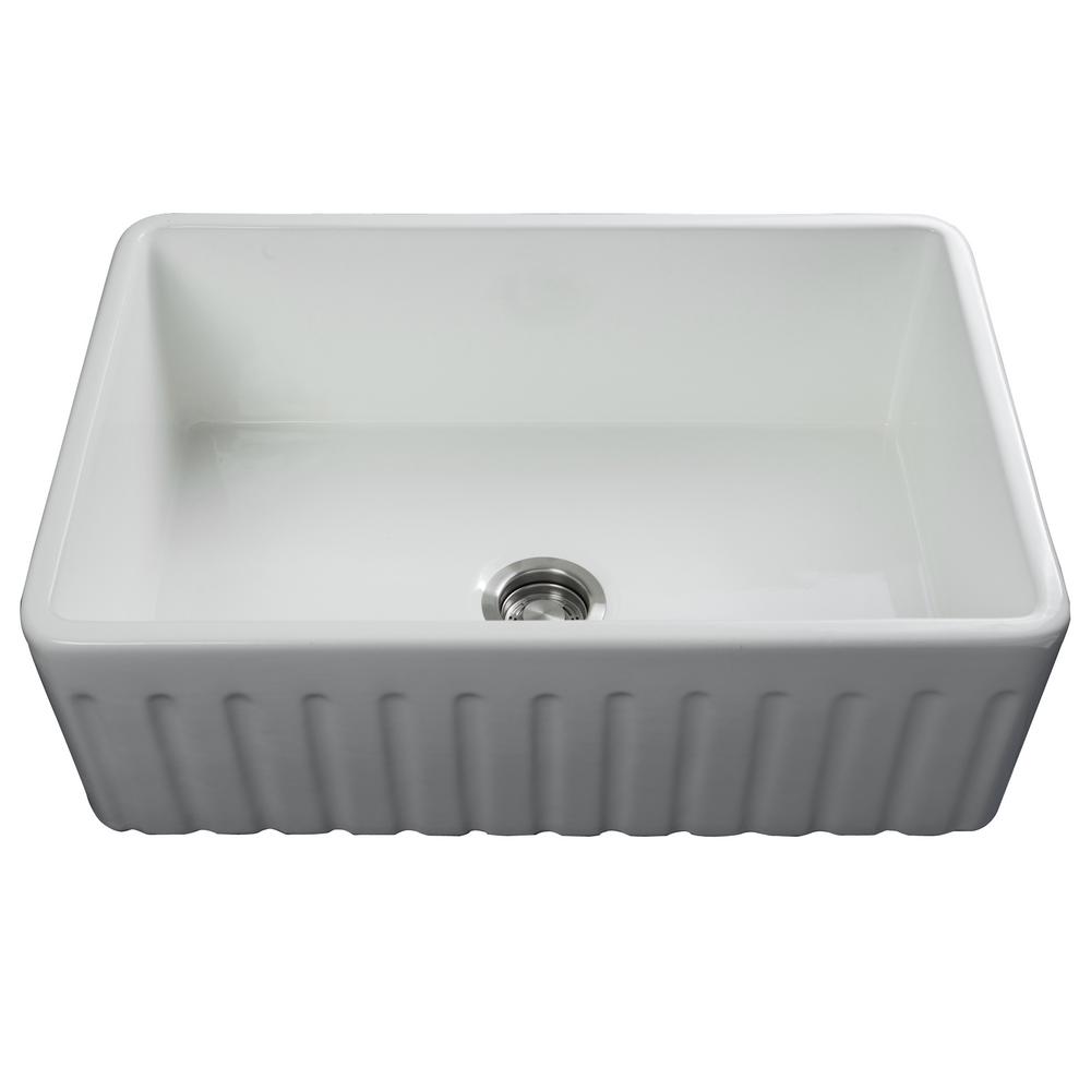Fossil Blu Luxury 30 Inch Fireclay Modern Farmhouse Kitchen Sink In White Single Bowl With Fluted Front Includes Drain