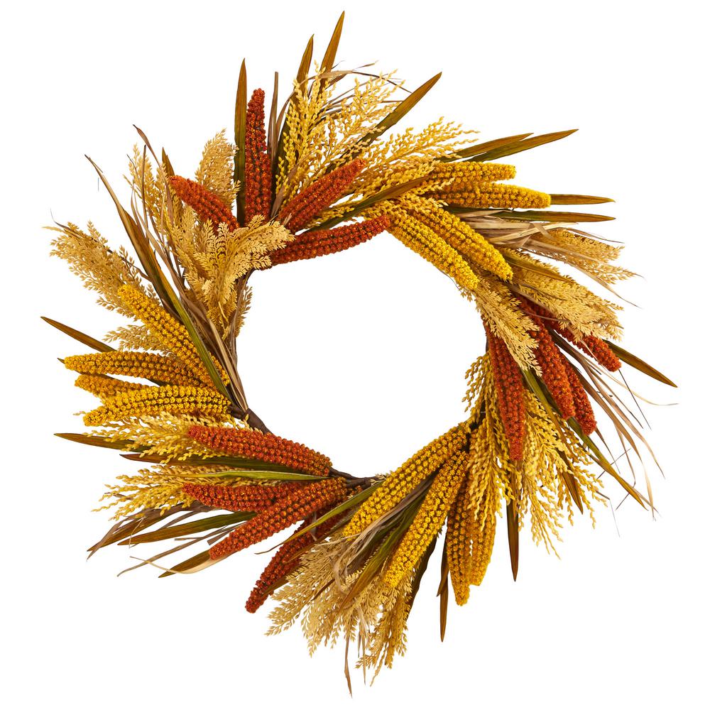 Sorghum Harvest Artificial Wreaths Nearly Natural 4278 25 in Yellow