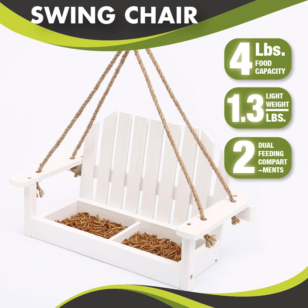 Unique White Swing Wood Bench Chair Bird Feeder For Backyard Patio