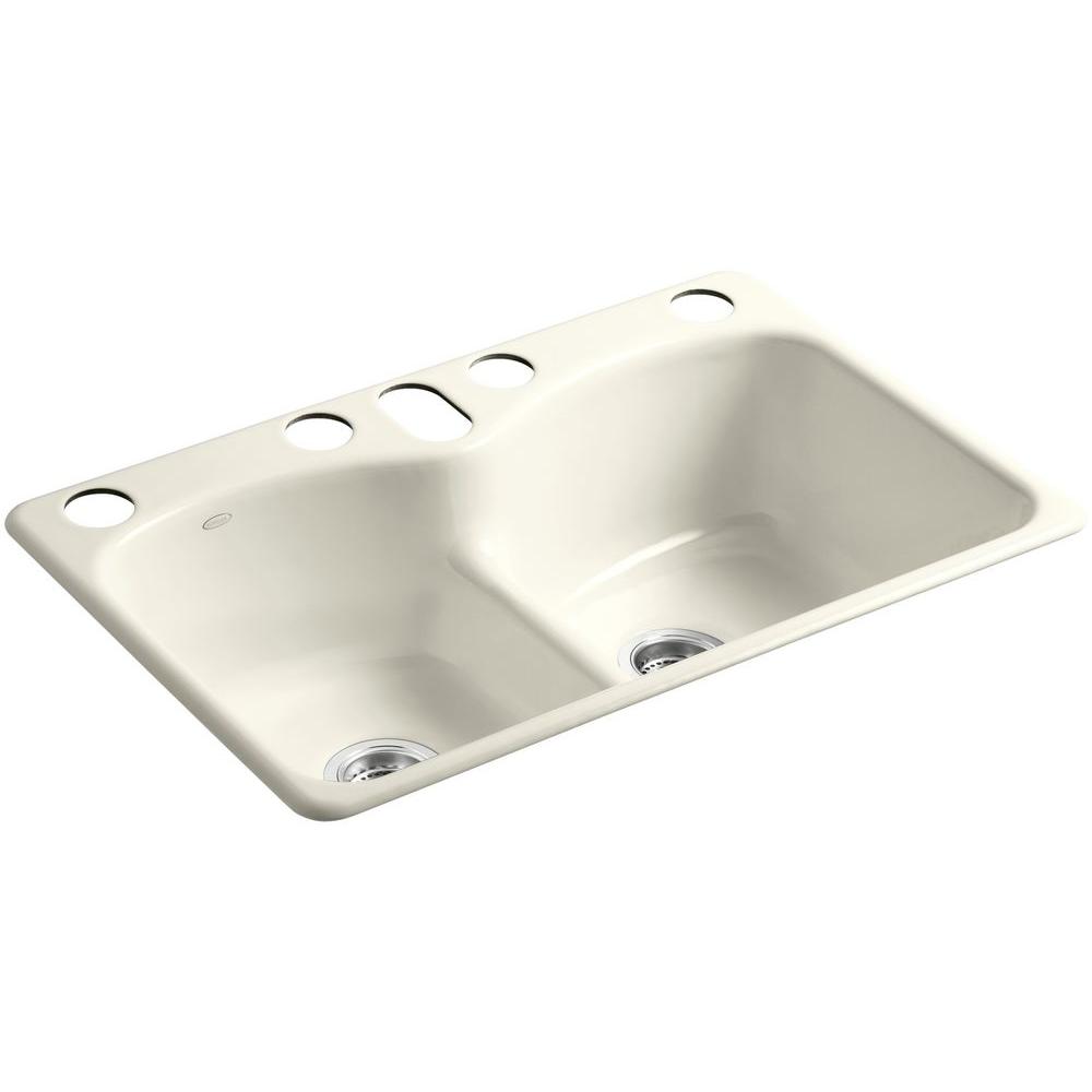 Kohler Langlade Smart Divide Undermount Cast Iron 33 In 6 Hole Double Bowl Kitchen Sink In Biscuit