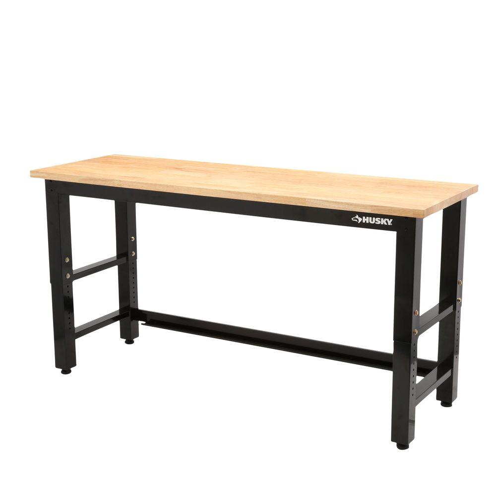 Husky Ready To Assemble 6 Ft Adjustable Height Solid Wood Top Workbench In Black G7200s Us The Home Depot