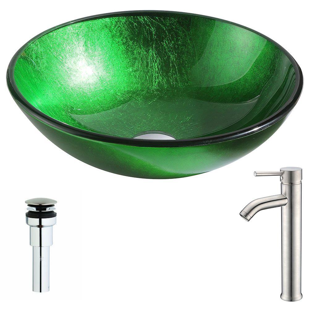 ANZZI Melody Series Deco-Glass Vessel Sink in Lustrous Green with Fann Faucet in Brushed Nickel, Lustrous Green Finish was $264.99 now $211.99 (20.0% off)