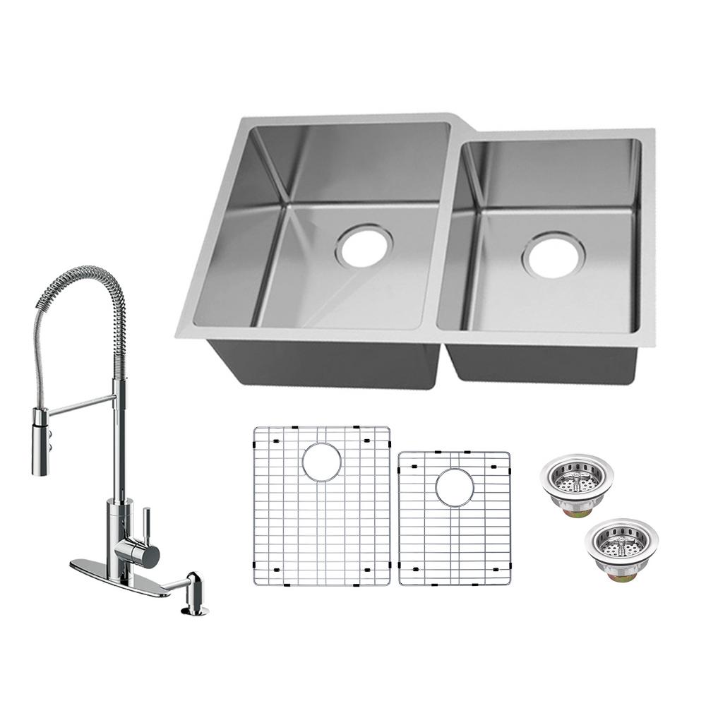Glacier Bay All In One Undermount 18 Gauge Stainless Steel 31 In 60 40 Double Bowl Kitchen Sink With Pull Down Kitchen Faucet Vur3120a2p56cp The Home Depot