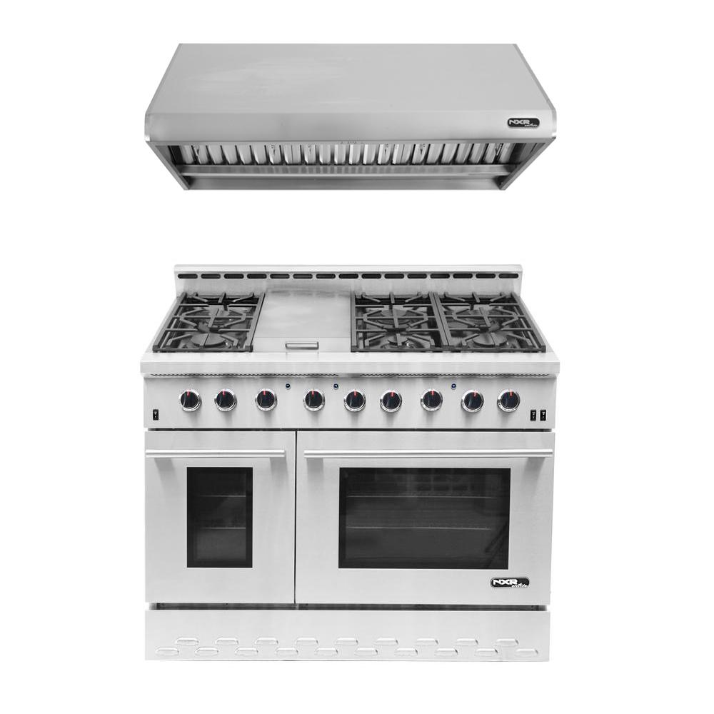 NXR Entree Bundle 48 in. 7.2 cu. ft. Pro-Style Gas Range with Convection Oven and Range Hood in Stainless Steel and Black