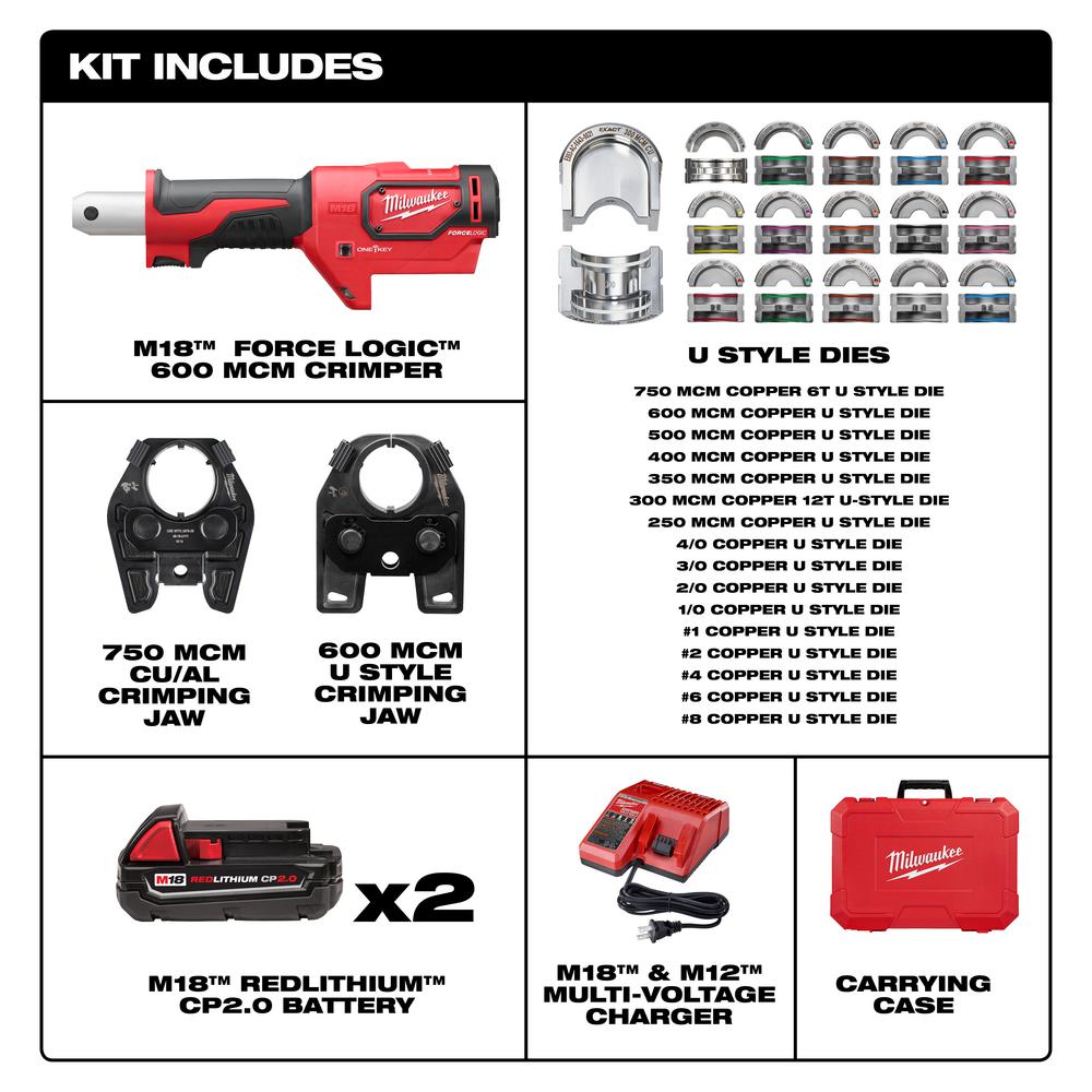 Milwaukee M18 18 Volt Lithium Ion Cordless Force Logic 600 Mcm Crimper Kit With 750 Mcm Expanded Jaw 2679 750c The Home Depot