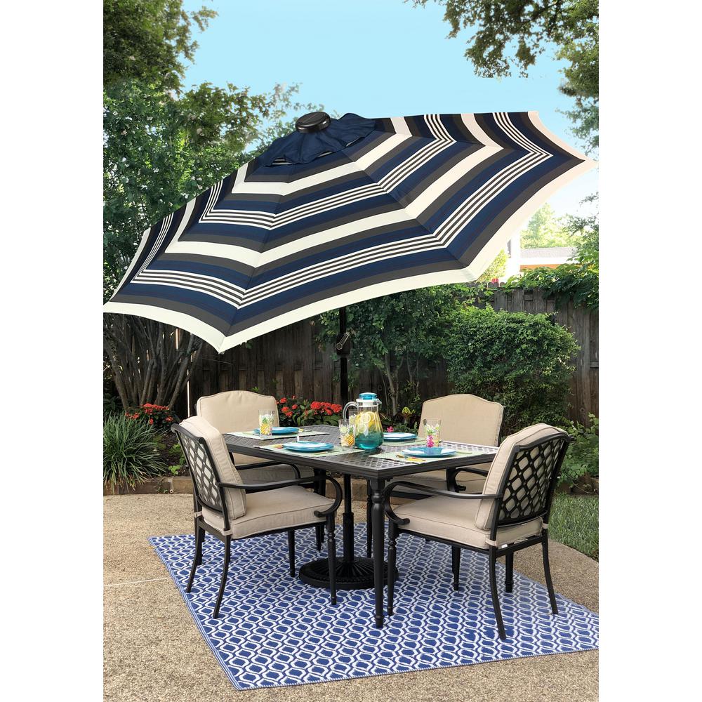 Sun Ray 9 Ft Steel Solar Lighted 8 Rib Round Market Patio Umbrella In Navy Striped 841006 The Home Depot