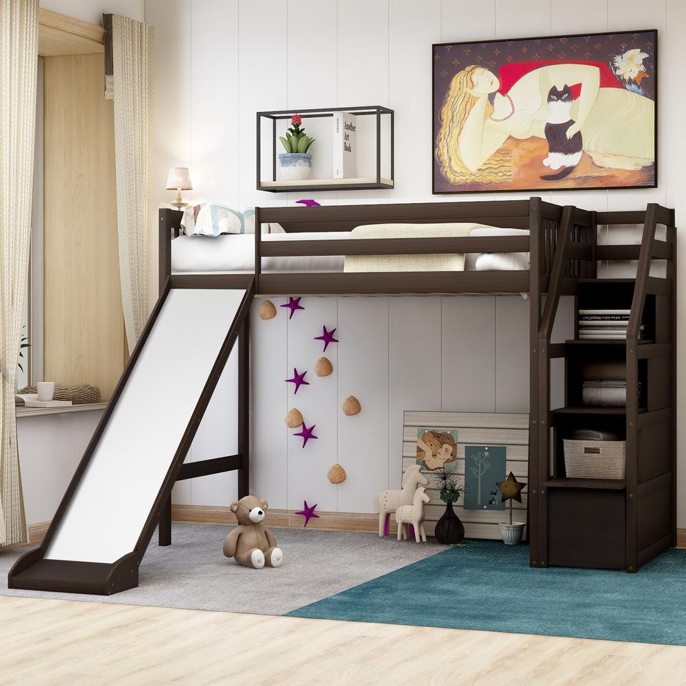 Harper & Bright Designs Espresso Twin Size Wood Loft Bed with Storage