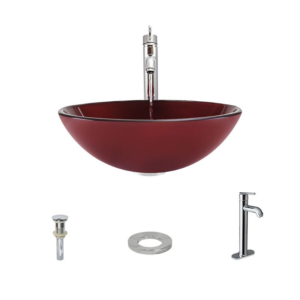 MR Direct Glass Vessel Sink in Hand Painted Red with 718 Faucet and Pop