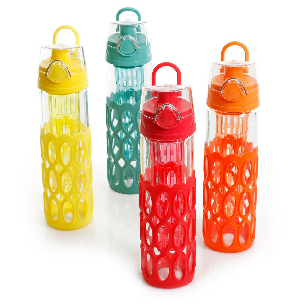 Gibson Home Rainbow Cool Oz Single Wall Glass Hydration Bottle With Infuser And Silicone Sleeve Set Set Of 4 m The Home Depot