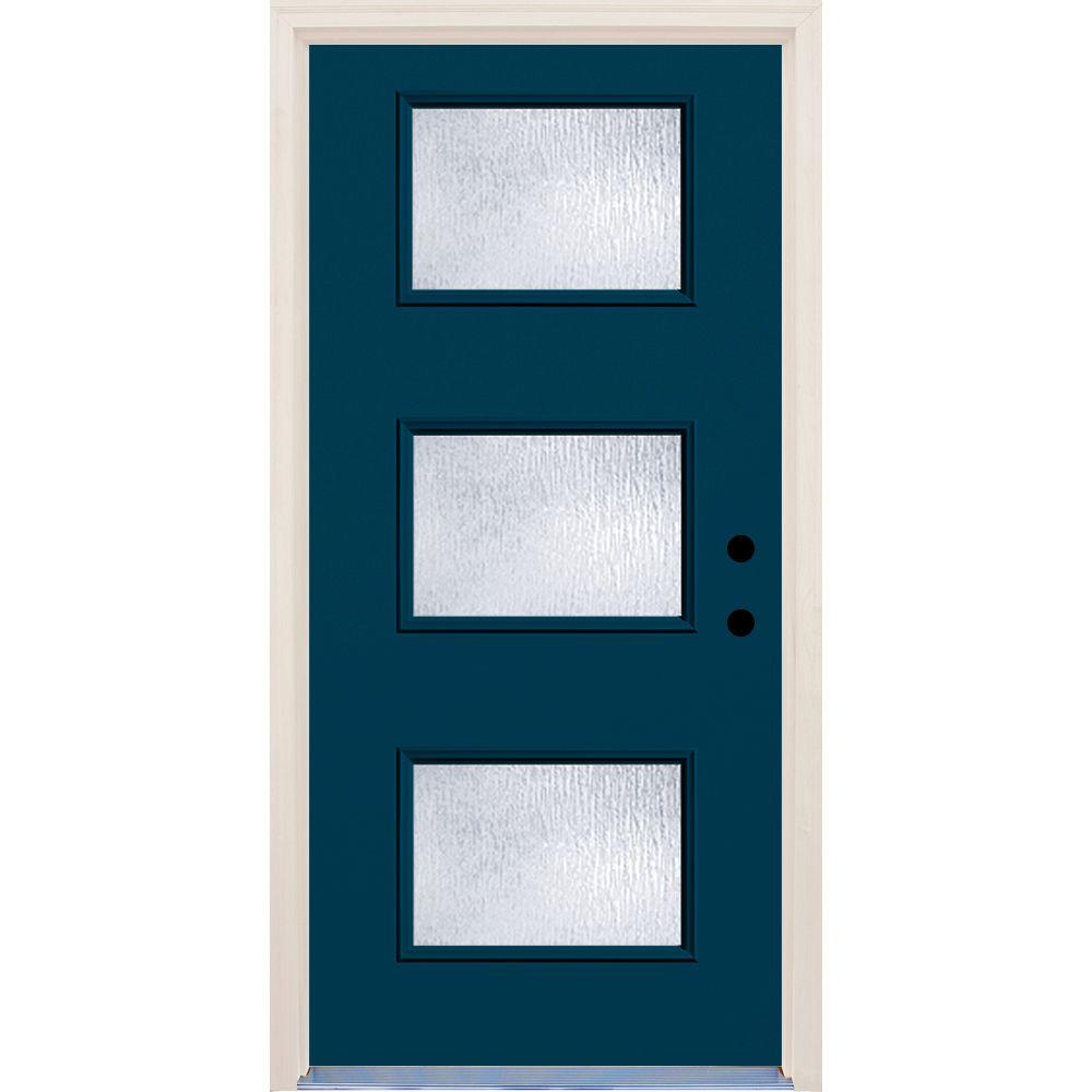 Builders Choice 36 In X 80 Atlantis Right Hand 3 Lite Rain Atlantis Right Hand 3 Lite Rain Glass Painted Fiberglass Prehung Front Door With Brickmould Hdx161654 The Home Depot