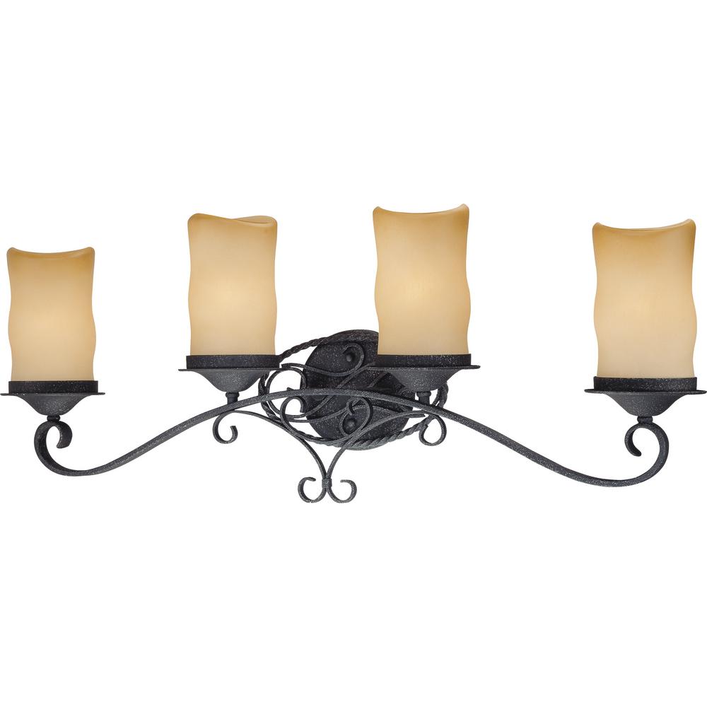 Volume Lighting Sevilla 4 Light Indoor Antique Wrought Iron Bath Vanity Wall Mount W Candle Shaped Sandstone Gl Shades Volume Lighting Sevilla 4 Light Indoor Antique Wrought Iron Bath Vanity Wall Mount W Candle Shaped Sandstone Gl Shades