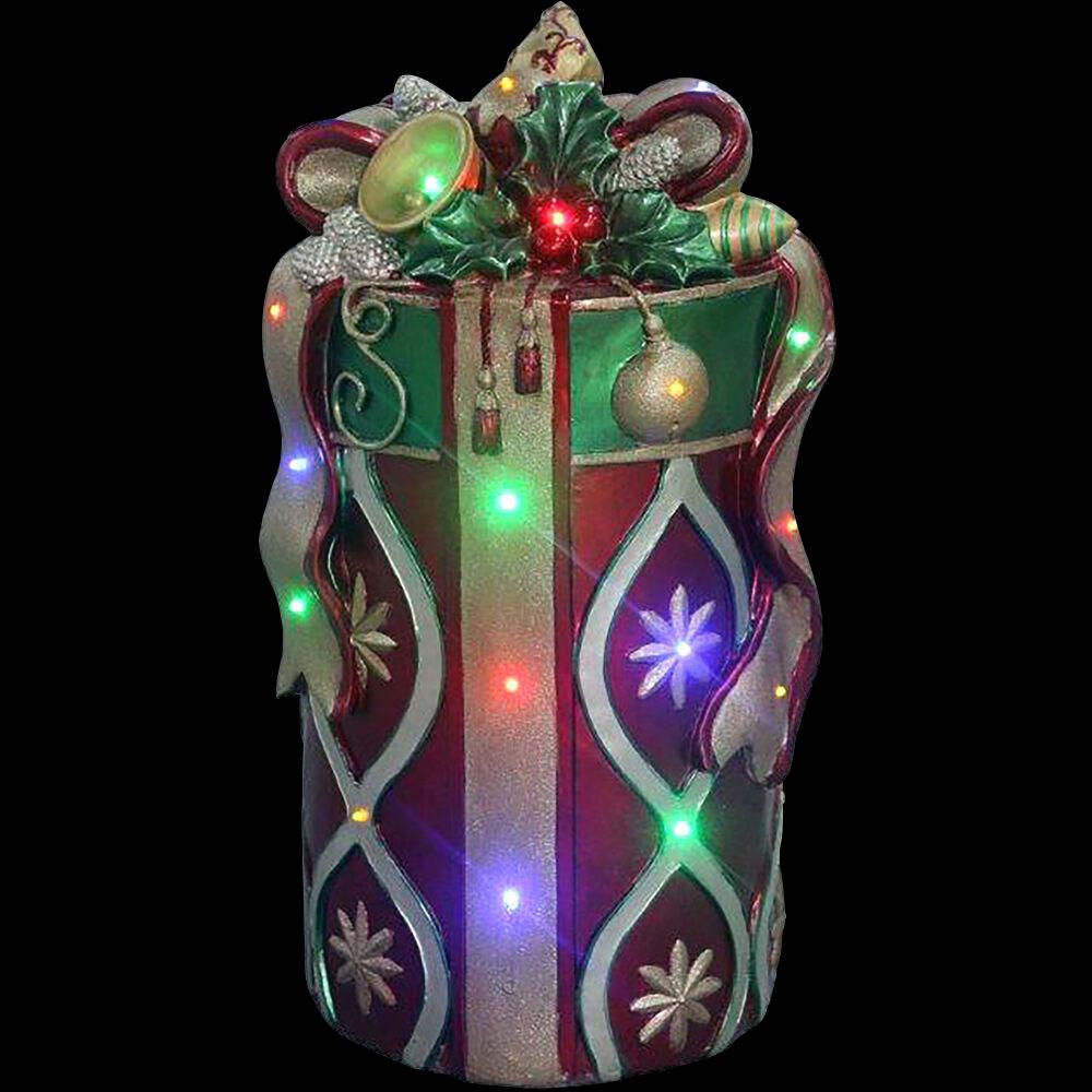 Fraser Hill Farm Indoor/Outdoor Oversized Christmas Decor with Long-Lasting LED Lights, 26" Tall Round Gift Box with Bow in Red/Gold