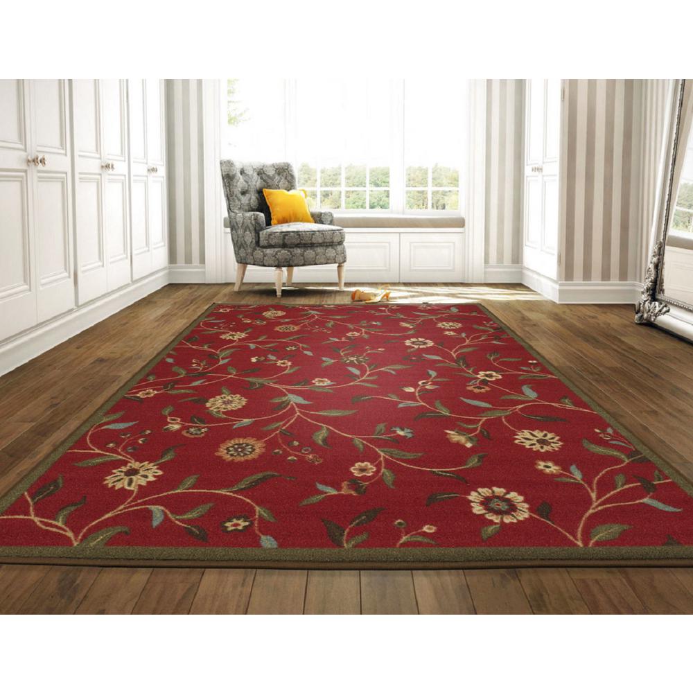 Ottohome Collection Fl Garden Design Dark Red 8 Ft X 10 Non Skid Area Rug