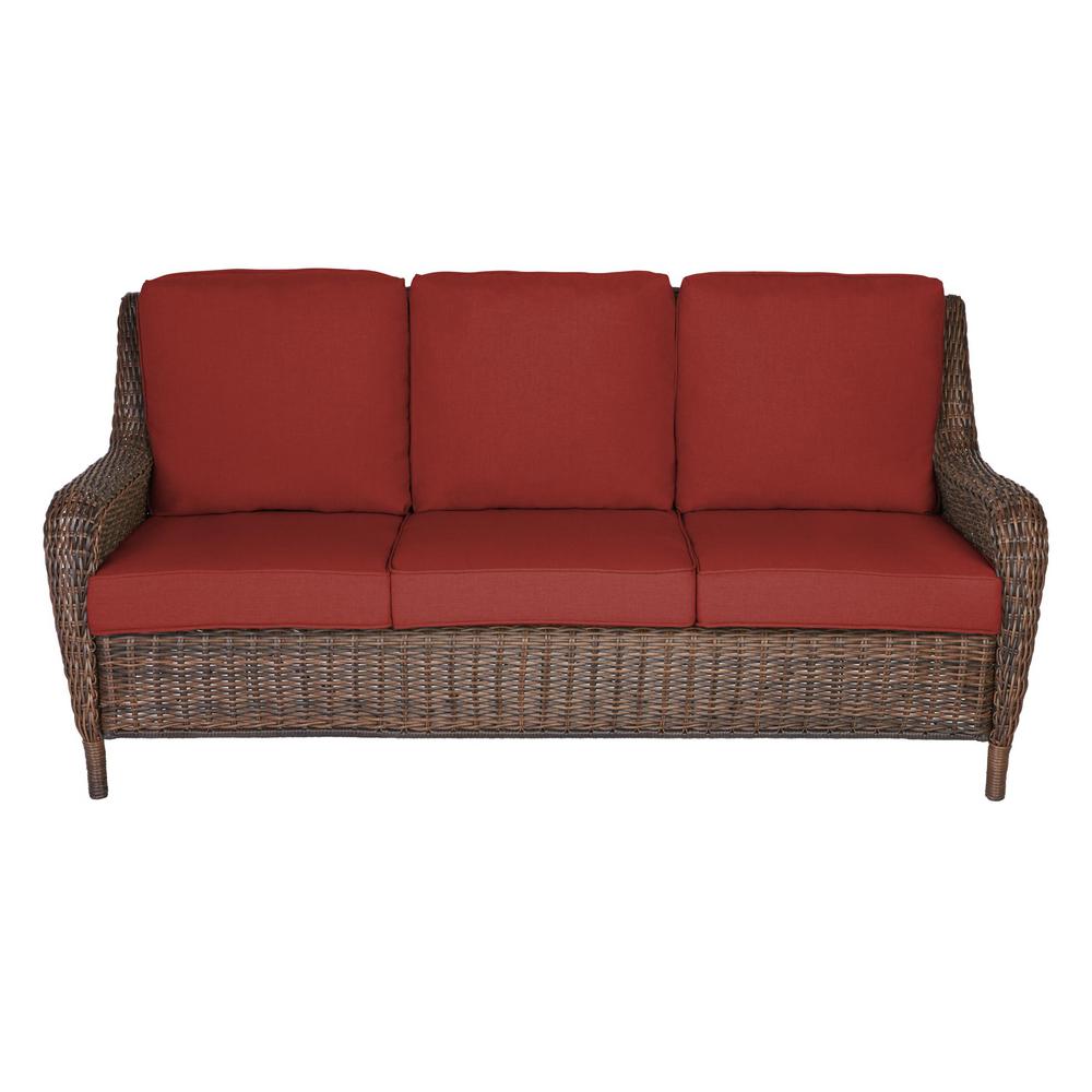 Hampton Bay Cambridge Brown Wicker Outdoor Patio Sofa With Sunbrella Henna Red Cushions H049 01510100 The Home Depot
