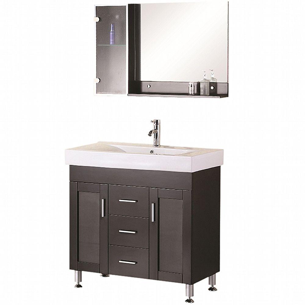 Design Element Miami 36 In W X 19 In D Vanity In Espresso With Porcelain Vanity Top And Mirror In White