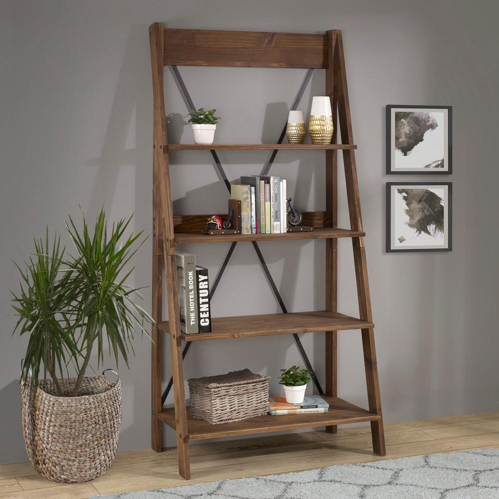 Welwick Designs Brown Solid Wood 4-Shelf Ladder Bookshelf ...