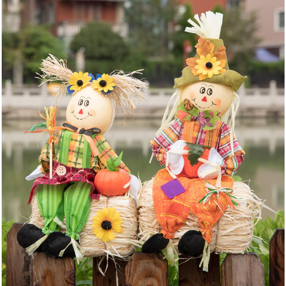 Gardenised Scarecrow Boy And Girl Set Sitting On A Hay Bale