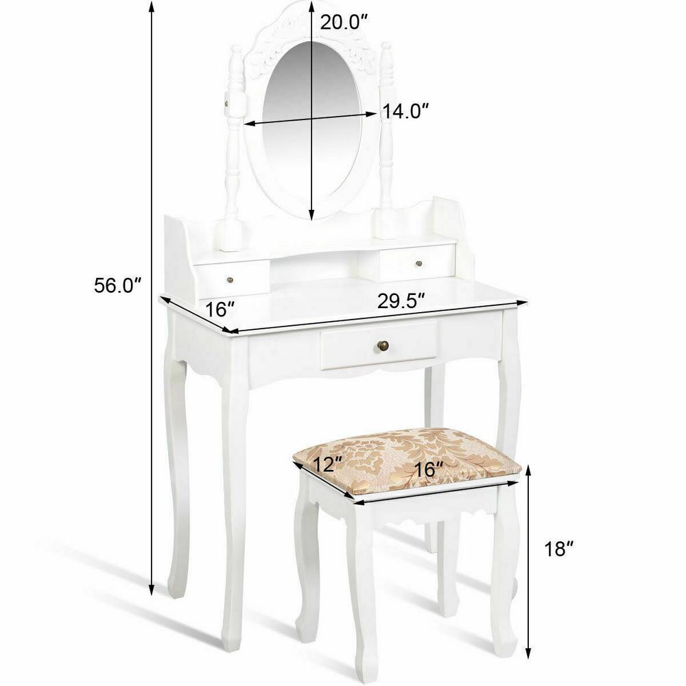 Costway 2 Piece White Vanity Dressing Table Jewelry Makeup Desk Set With Stool 3 Drawer Christmas Gift Hw50201 The Home Depot