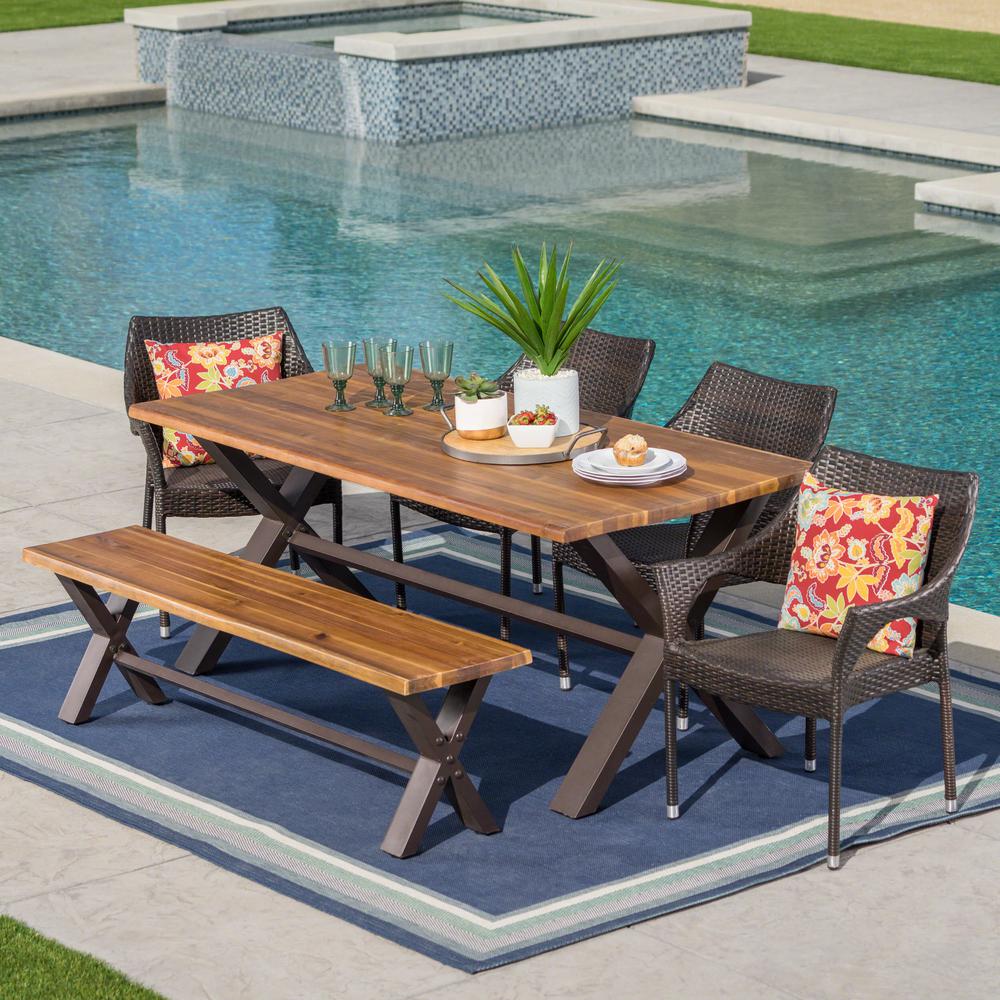 Noble House Multi Brown 6 Piece Wicker Wood And Metal Rectangular