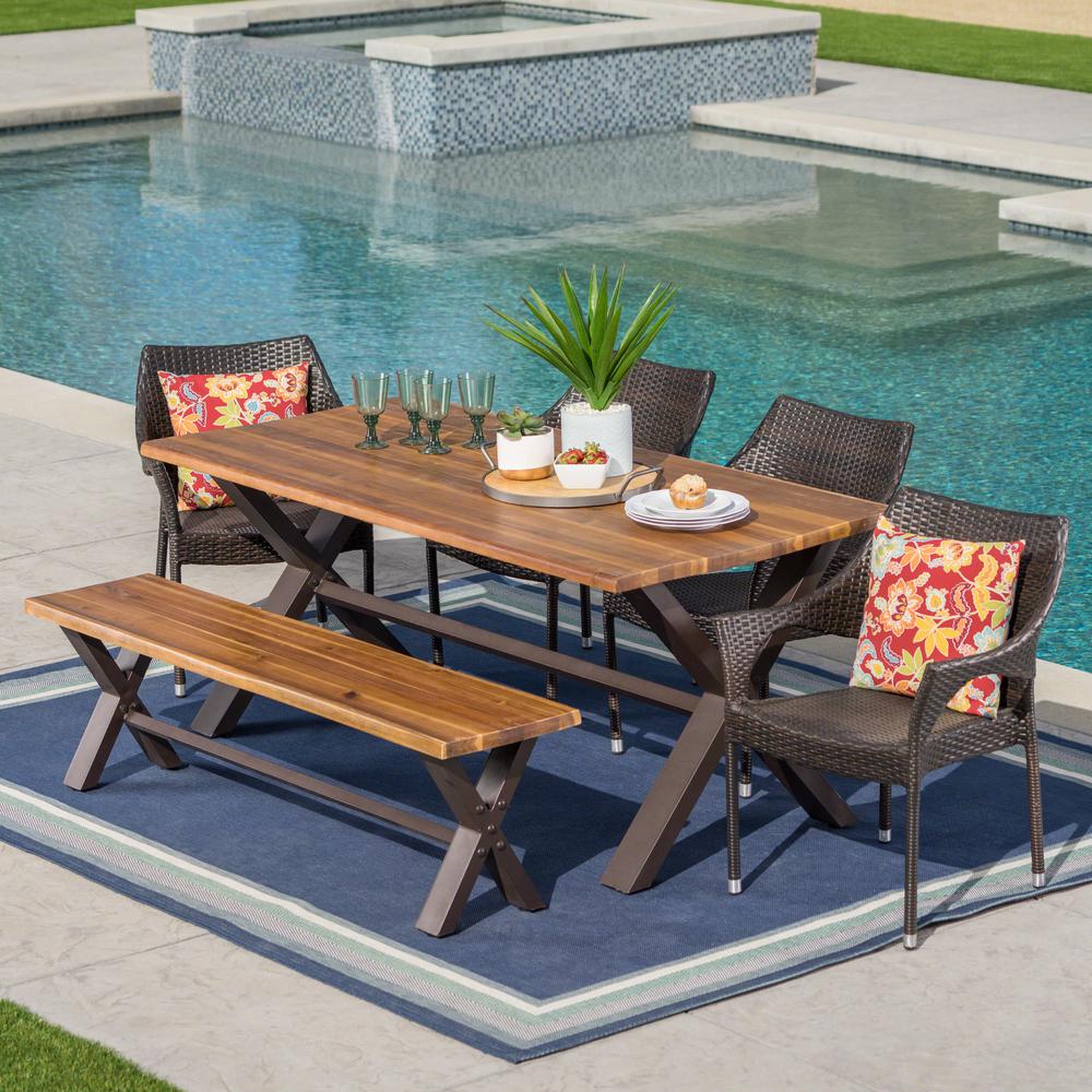 Noble House MultiBrown 6Piece Wicker, Wood and Metal Rectangular