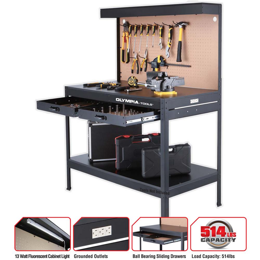 Steel Garage Workbench with Power Outlet Plug and Light, Tool Storage