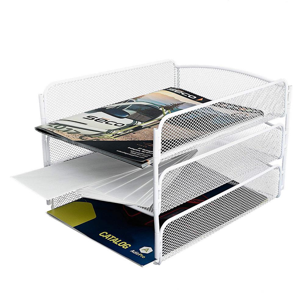 Adiroffice 3 Tier White Steel Mesh Paper Tray Desktop Organizer Adiroffice 3 Tier White Steel Mesh