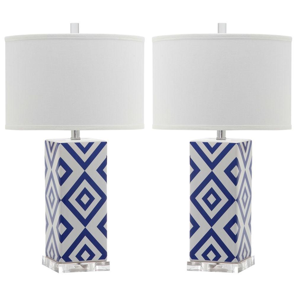 white lamp with navy shade
